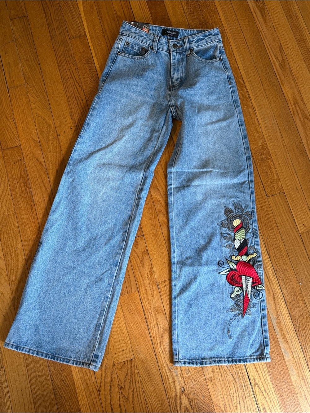 NEW Ed Hardy Light Blue Embroidered Wide Leg loose fit Women's Jeans 24